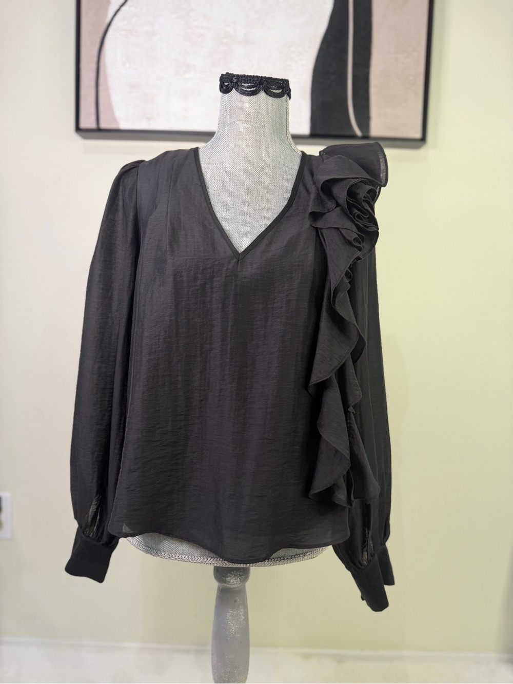 White House Black Market Black Ruffle V-Neck Blouse
